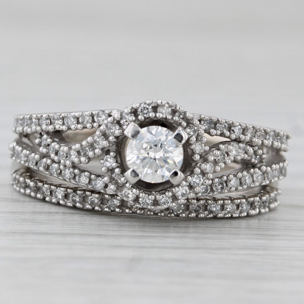 0.57ctw Diamond Halo Engagement Ring Wedding Band Bridal Set 10k White Gold