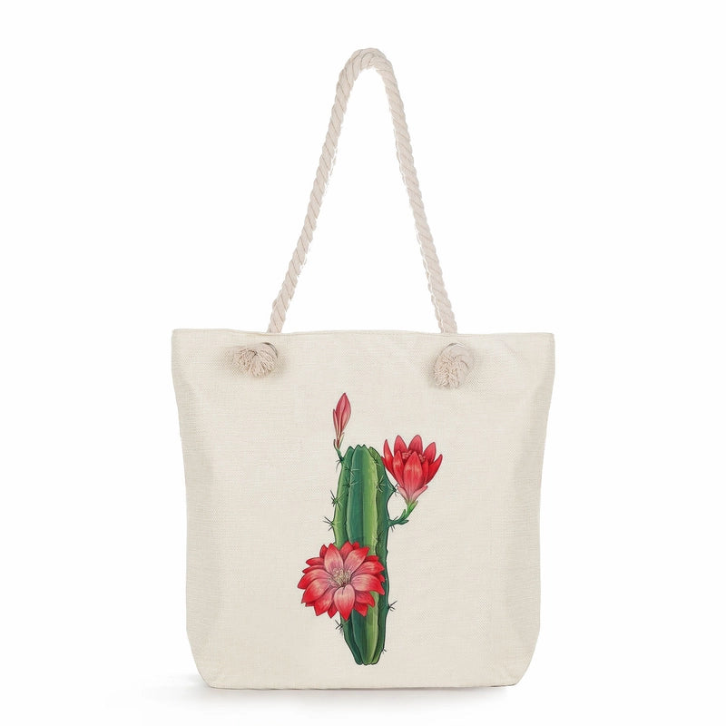 Women's Medium Linen Cactus Vacation Classic Style Square Zipper Tote Bag Beach Bag