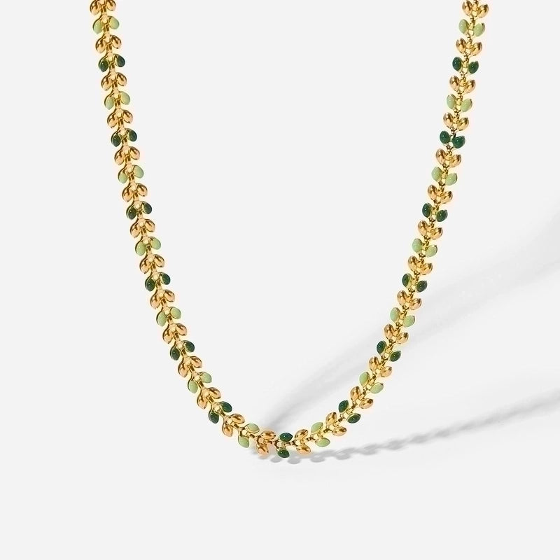 Fashion 18k Gold Green Drop Olive Leaf Women's Stainless Steel Necklace