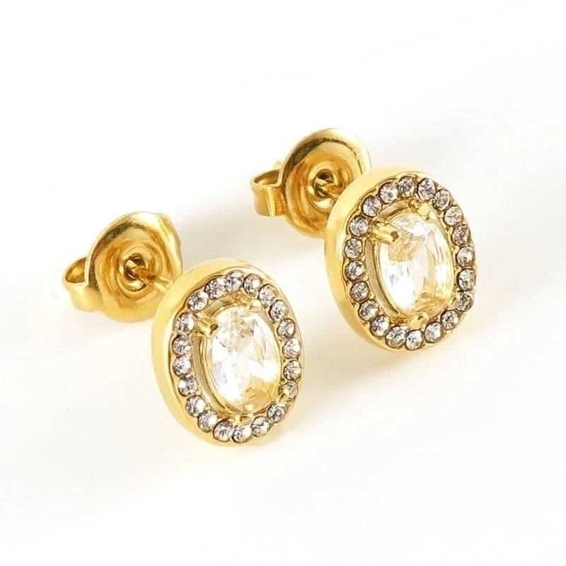 1 Pair Shiny Oval Inlay Stainless Steel Zircon 18K Gold Plated Ear Studs