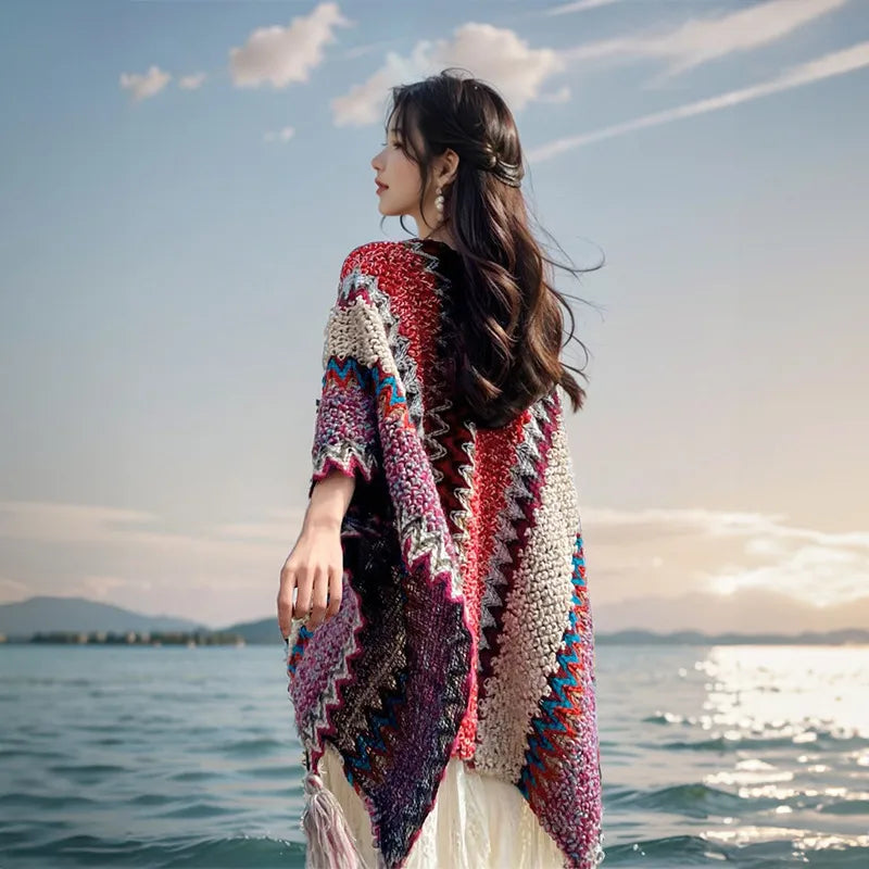 Women's Ethnic Style Color Block Blended Tassel Shawl