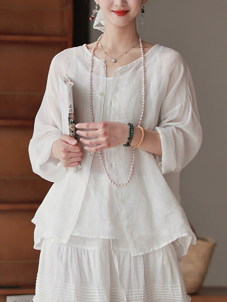 Women Summer Artsy Pure Color O-Neck 100%Ramie Shirt