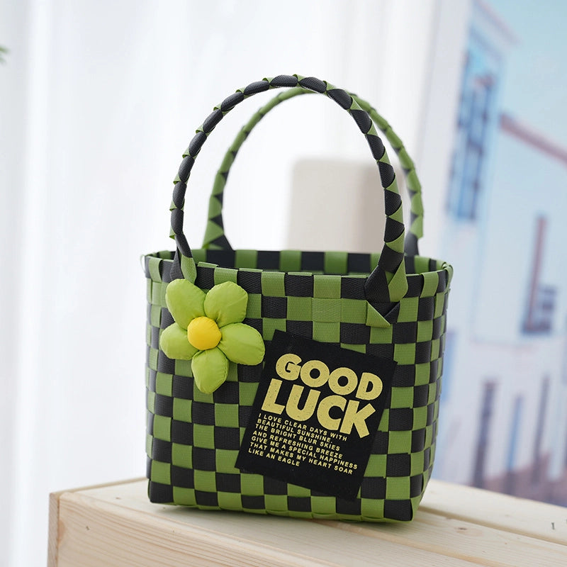 Women's PVC Color Block Plaid Vacation Weave Square Open Square Bag
