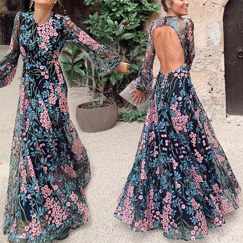 Boho Dress for Women|Bohemian Dress|Midi Boho Dress| O-neck Backless Bohemian Maxi DressLong Sleeve Irregular Boho Dresses Vestidos|Wedding Guest Dress