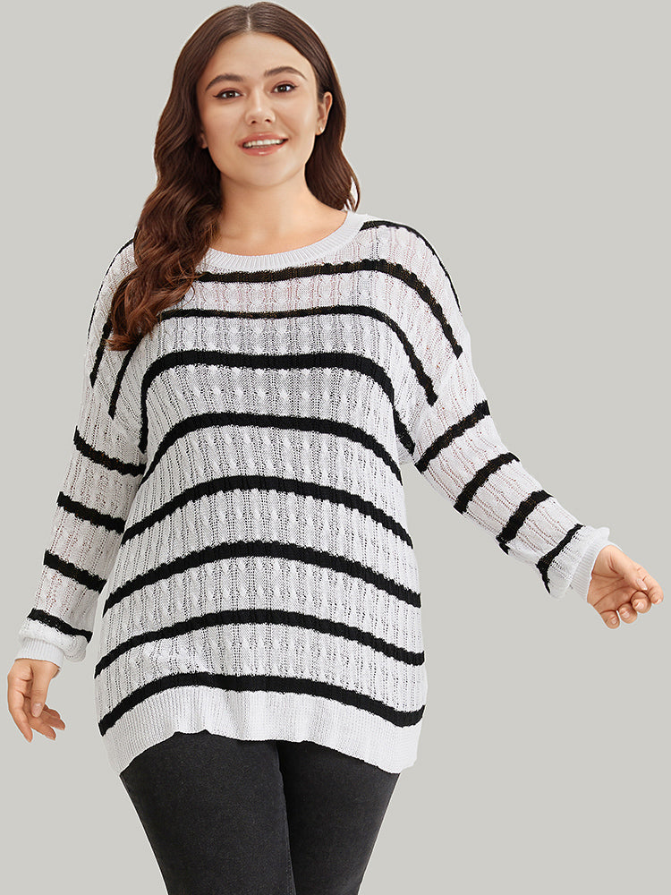 Striped Cable Knit Drop Shoulder Pullover