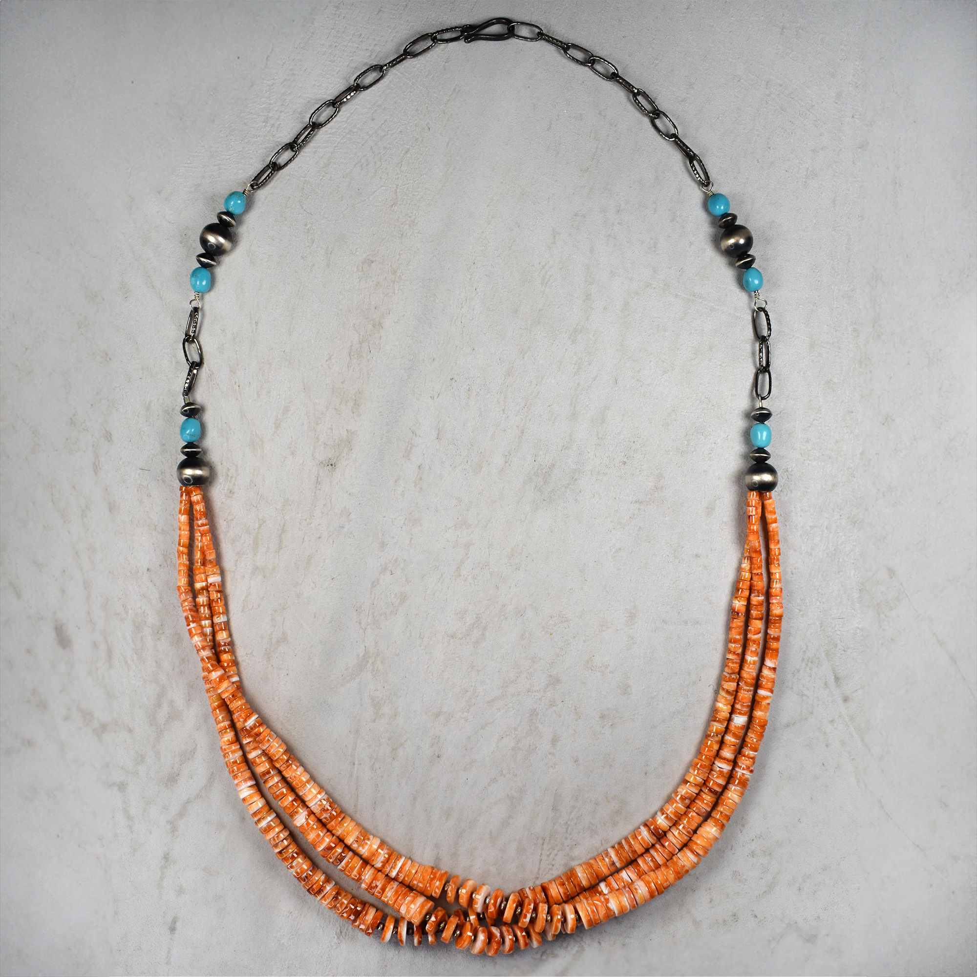 Zia Mountain Three Strand Spiny Oyster Necklace with Pillow Bead Chain