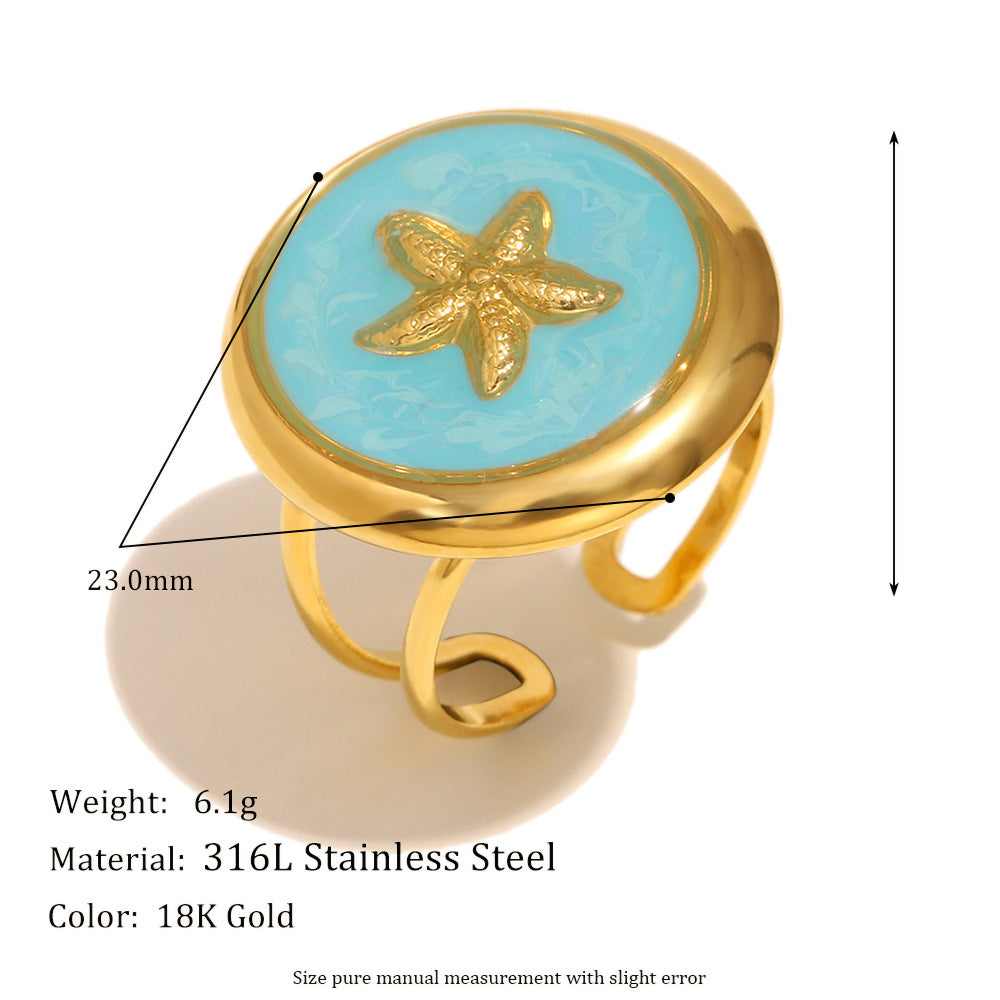 Niche Trend Stainless Steel 18K Gold Plated Cross Line Fishbone Flower Crab Turtle Open Ring