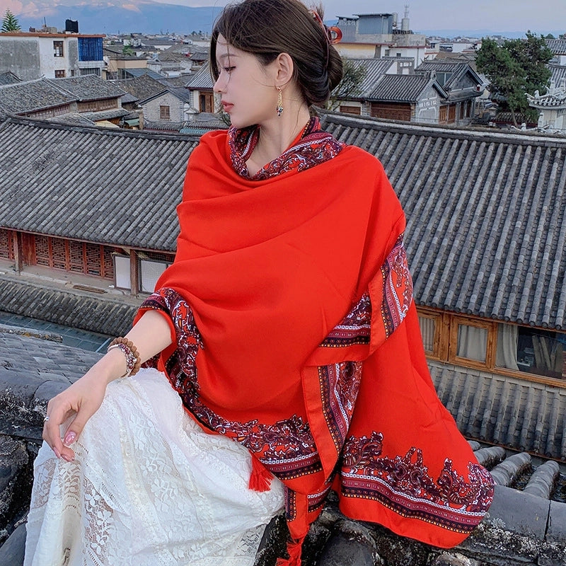 Silk Scarf Women's Summer Seaside Beach Sunscreen Shawl Scarf Dual-use  Long Ethnic Style Plus Size Travel Silk Scarf