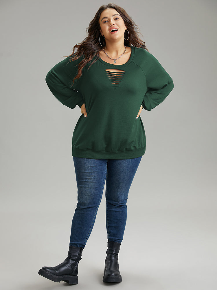 Solid Rib Knit Cut Out Raglan Sleeve Sweatshirt