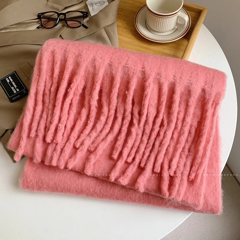 Solid Color Mohair Scarf For Women Autumn And Winter New Thick Braid Winter Student Shawl Scarf