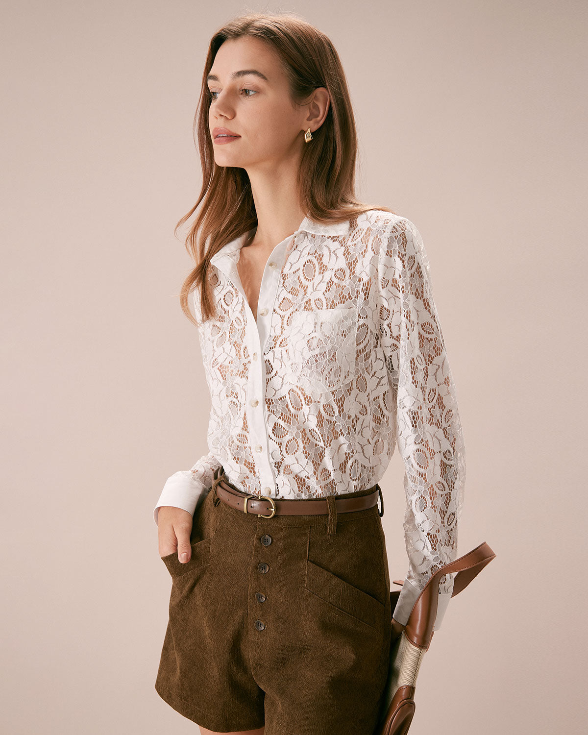 The White Collared Lace Cutout Button Shirt