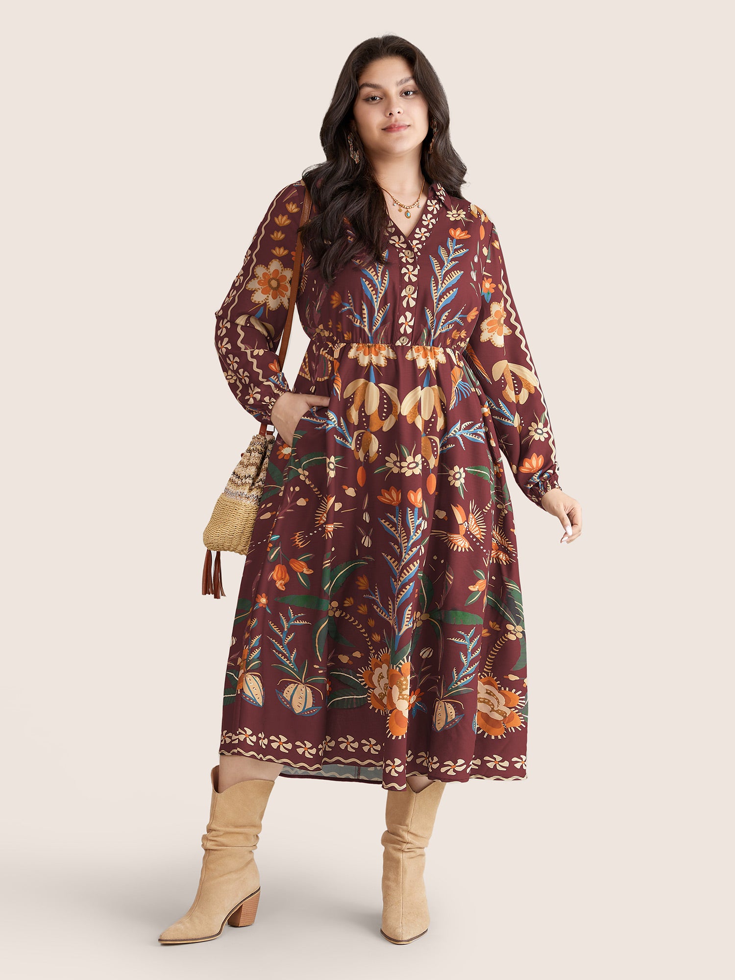 Bandana Print Pocket Lapel Collar Elastic Cuffs Dress