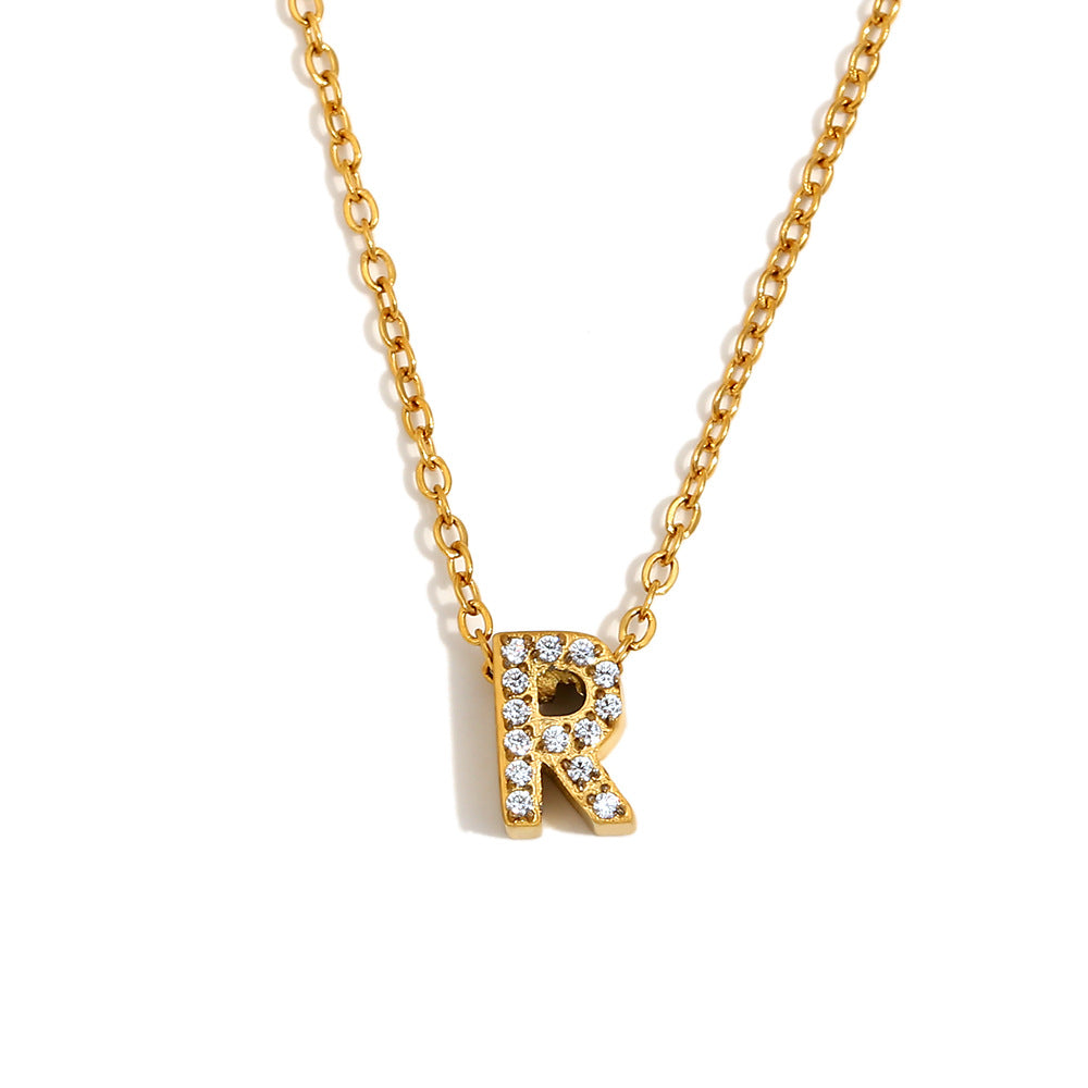 Fashionable And Simple 26 English Letter Pendant Stainless Steel Plated 18K Gold Diamond Small Letter Necklace For Women