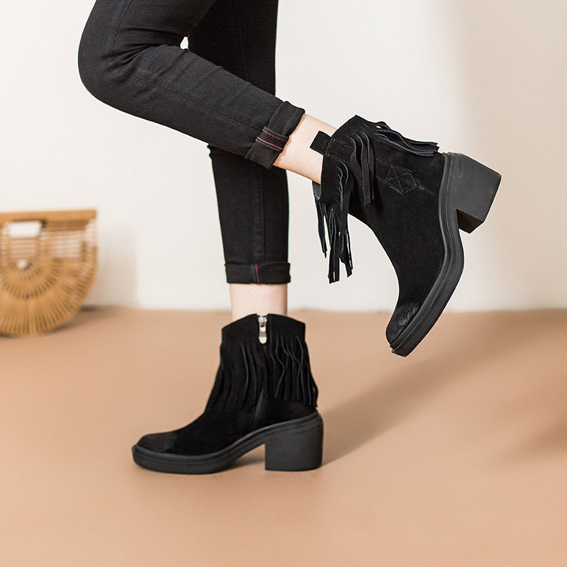 Western R Toe Cowgirl Boots With Tassels Handmade Suede Ankle Boots in Black/Brown