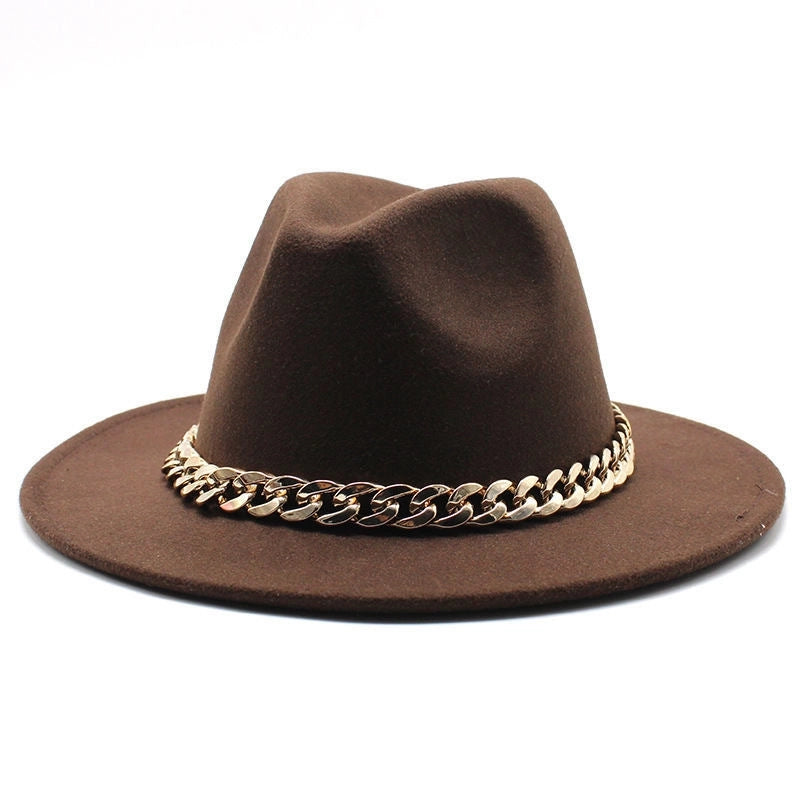 Chain Accessories Panama Hat Autumn And Winter  Jazz Woolen Hat Women's Fashion Big Brim Soft Felt Hat