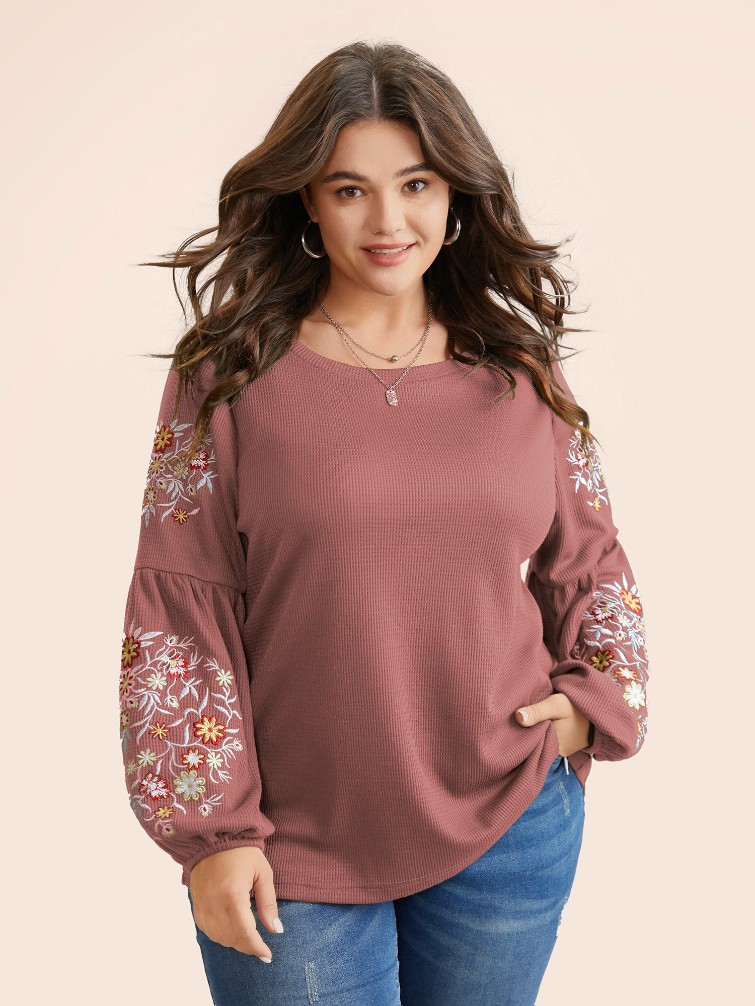 Waffle Knit Floral Embroidered Lantern Sleeve T-shirt