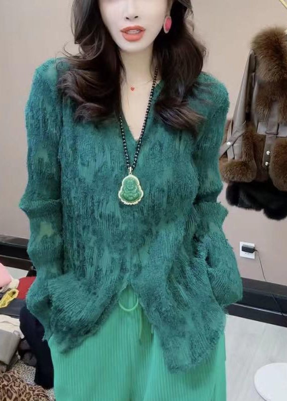 French Green V Neck Jacquard Lace T Shirt Spring