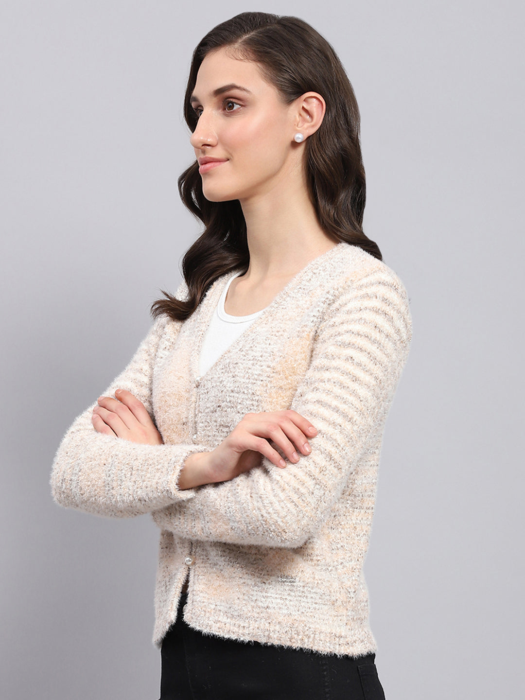 Women Beige Self Design V Neck Full Sleeve Cardigan