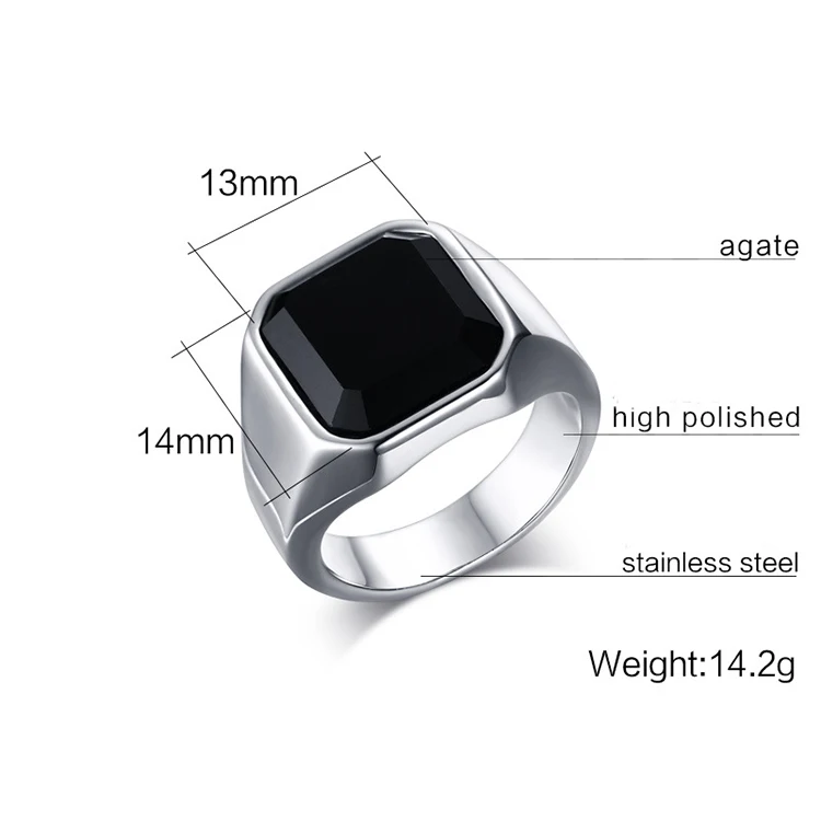 Rings Stainless Steel Black Agate Ring Steel Color Men's Ring Jewelry