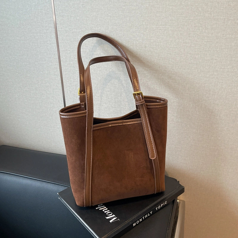 Women's Pu Leather Solid Color Basic Sewing Thread Bucket Magnetic Buckle Shoulder Bag Handbag Tote Bag