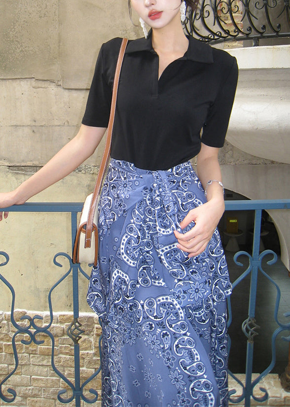 New Black Peter Pan Collar Print Patchwork Cotton Long Dresses Summer