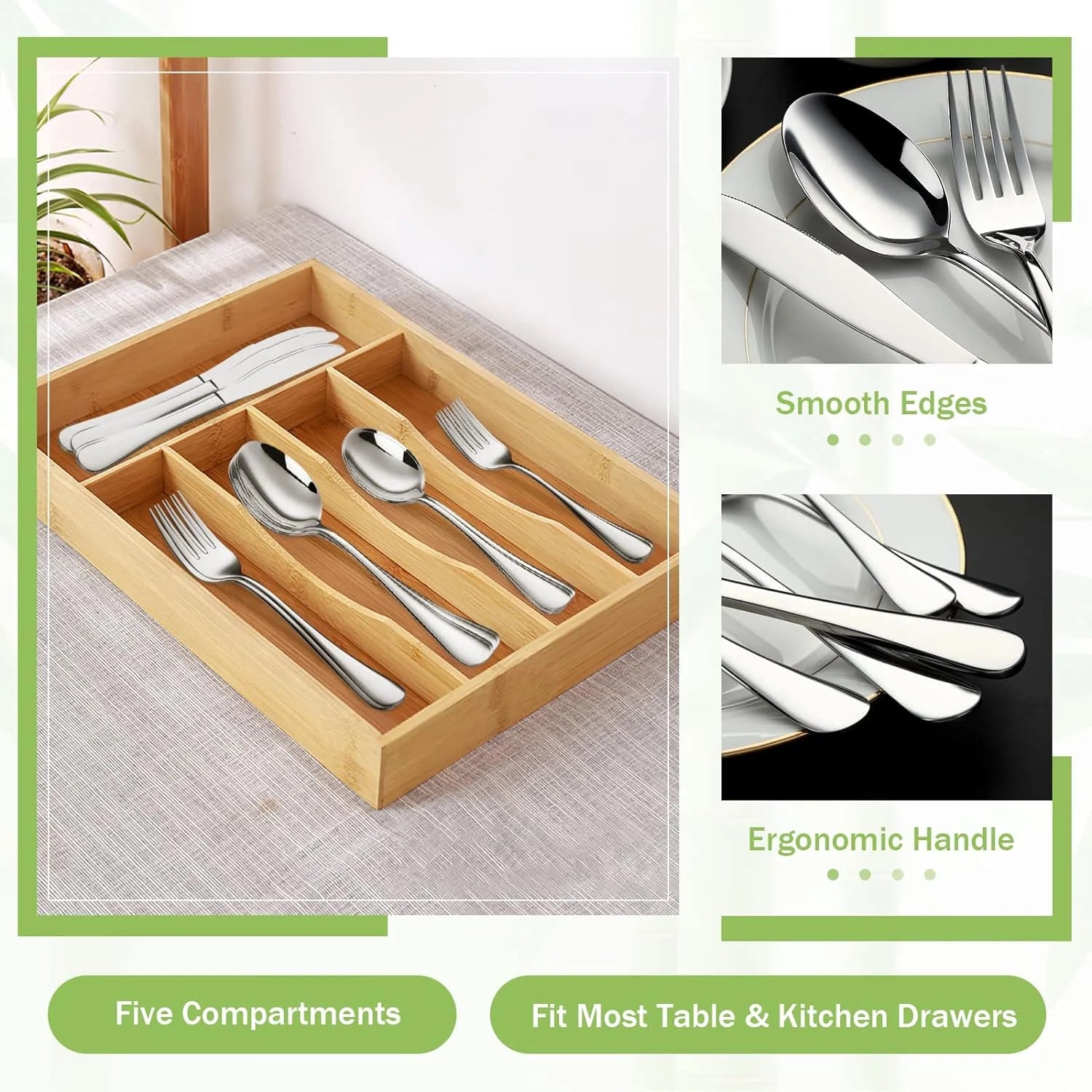 5 Compartment Bamboo Cutlery Tray. Kitchen Drawer Utensils Holder. Wooden Knife Fork Spoon Organizer Case