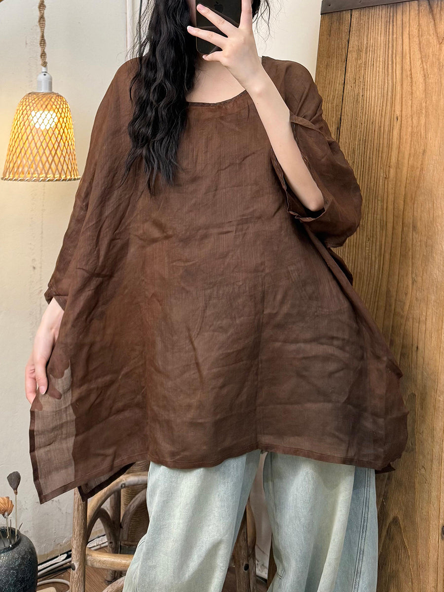 Women Summer Vintage Pure Color O-Neck Ramie Shirt