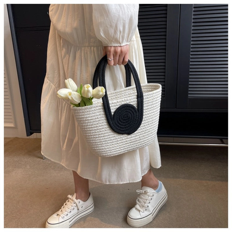 Women's Cotton Thread Splicing Vacation Weave Bucket Open Handbag