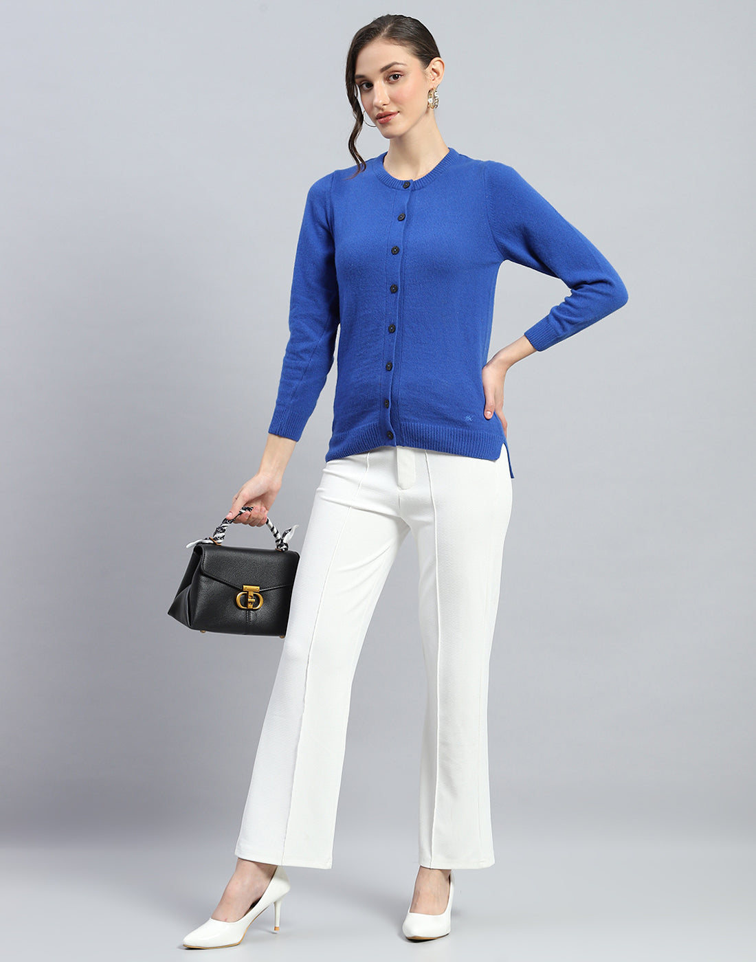 Women Blue Solid Round Neck Full Sleeve Cardigan