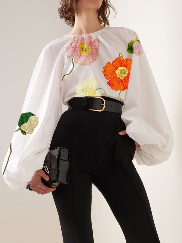 Long Sleeves Loose Elasticity Flower Print Pleated Round-neck Blouses&shirts Tops
