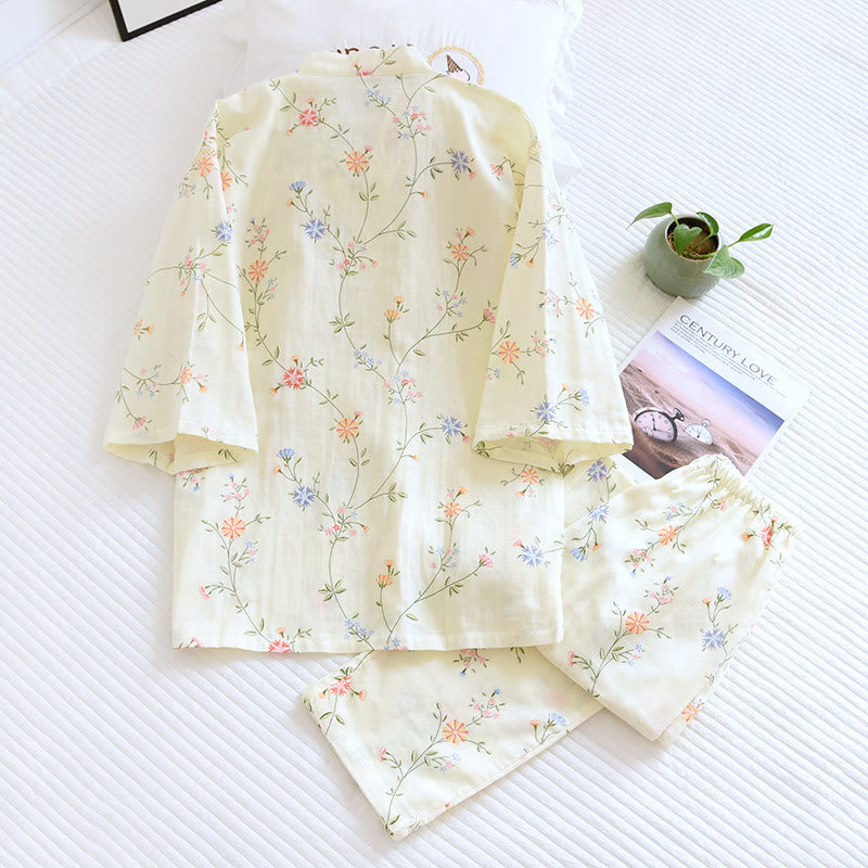 Flower Cotton Gauze Kimono Pajama Set