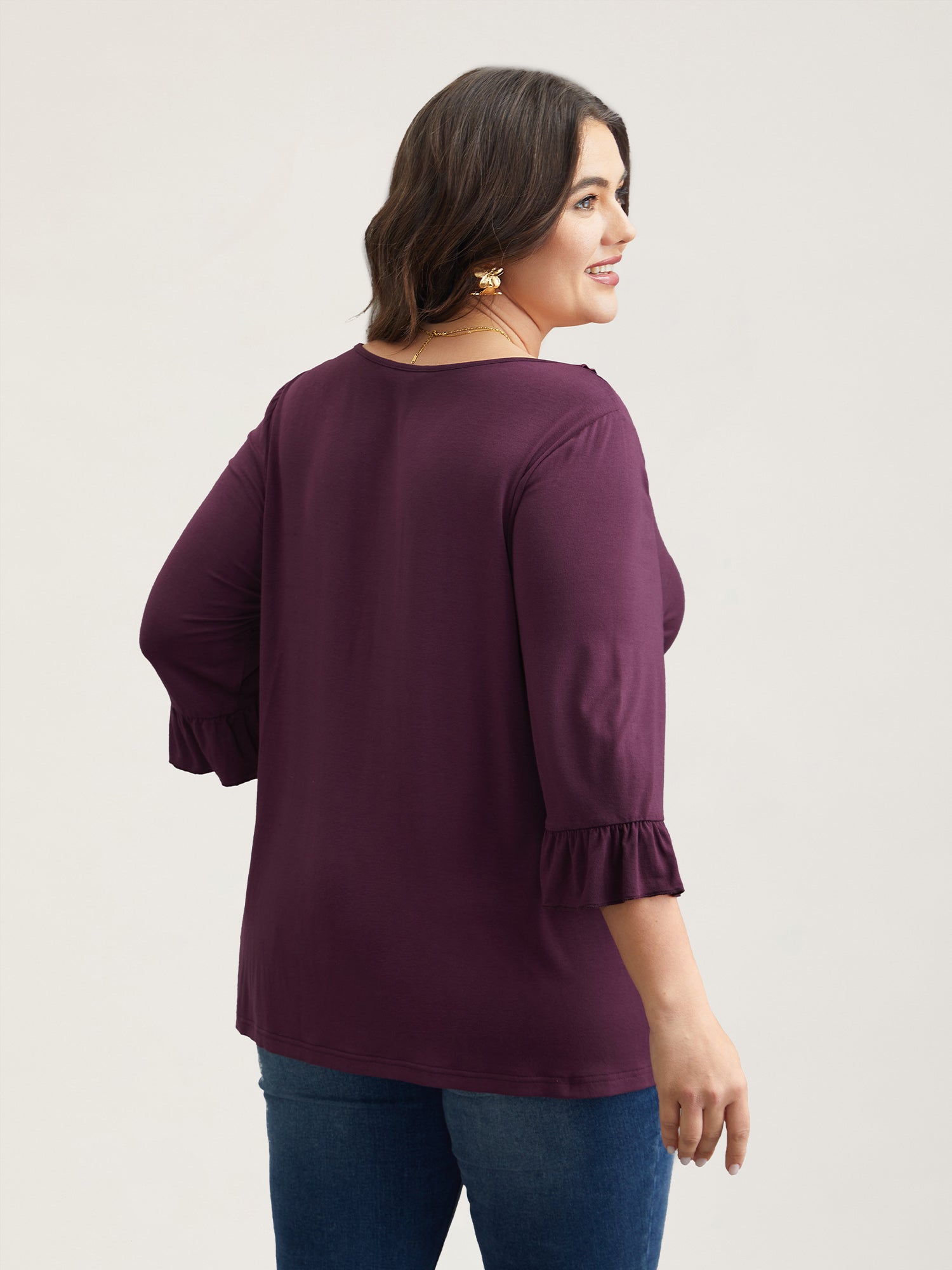 Wood-Ear Collar Ruffled Sleeve Top