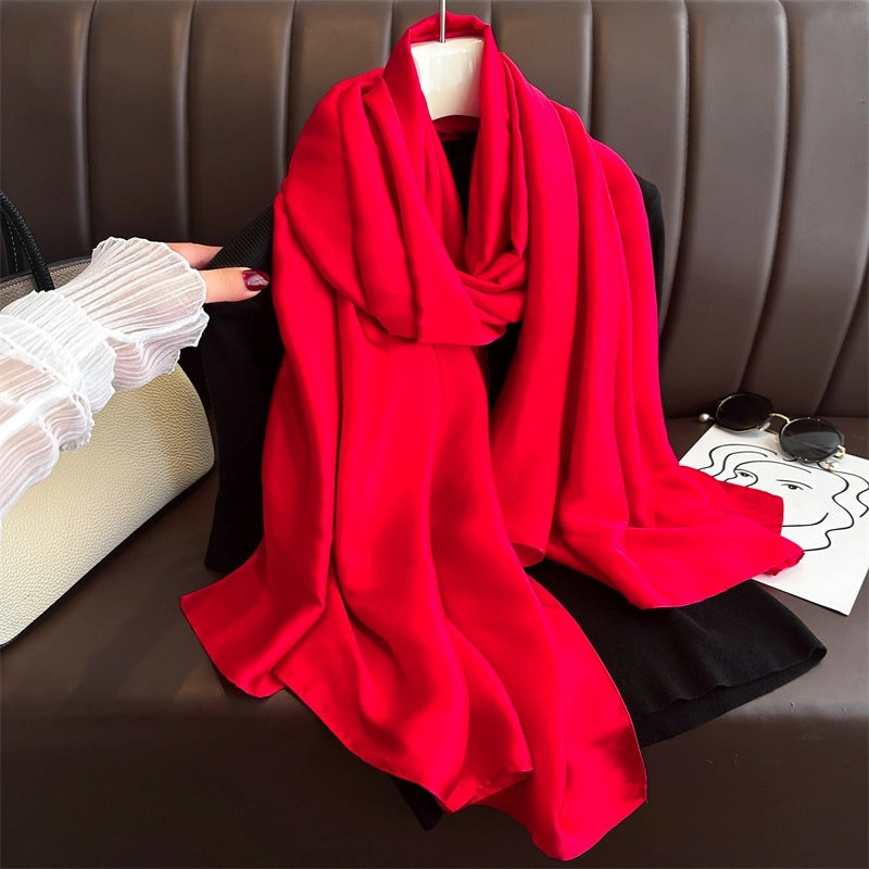 Spring And Summer Solid Color Simple Long Silk Scarf Scarf Women's Beach Scarf Middle East Scarf  Satin Imitation Silk Scarf