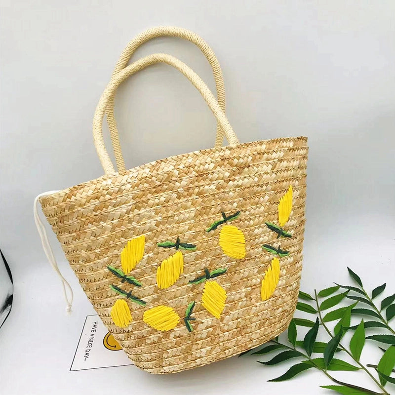 Women's Large Straw Lemon Vacation Beach Weave String Straw Bag