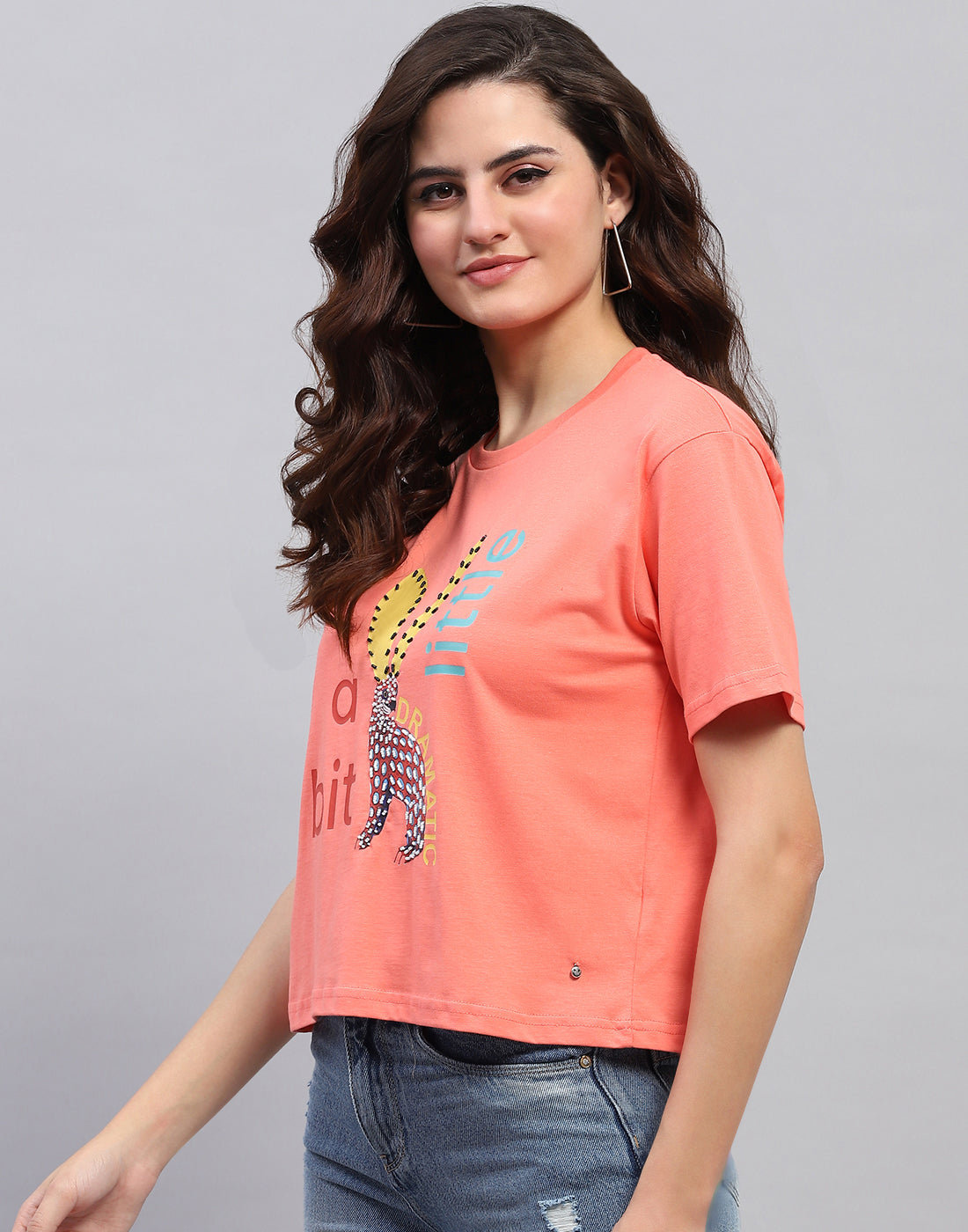 Women Coral Printed Round Neck Half Sleeve Top