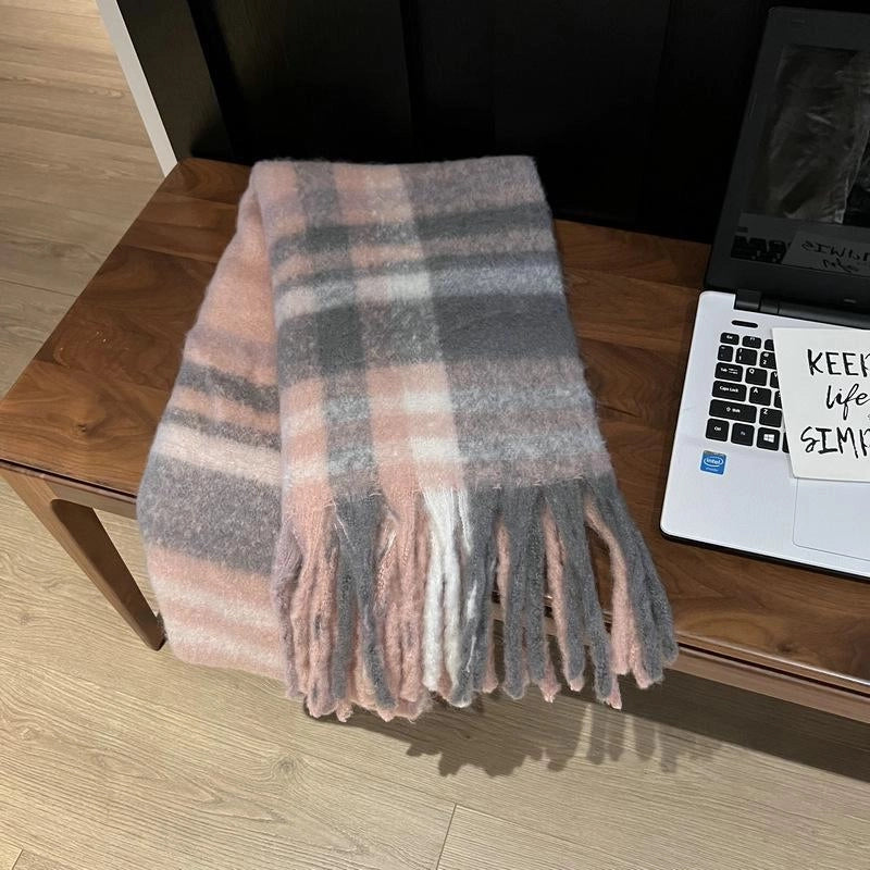 Rainbow Plaid Tassel Mohair Scarf Autumn And Winter Thickened Student Warm Scarf For Women