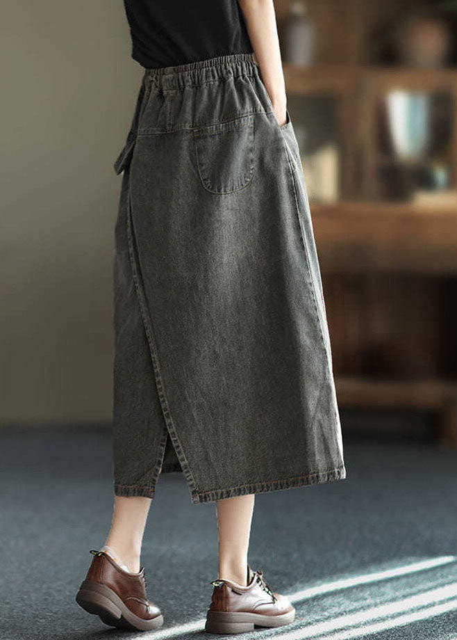 Fashion Black Side Open Embroidered Pockets Cotton Denim Ripped Skirt Summer