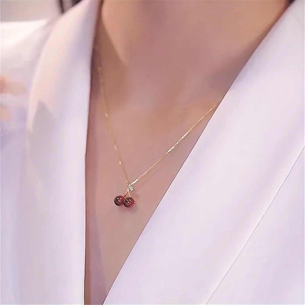 Golden Red Cherries Pendant Chain Necklace Garnet Cherry Charms Necklace Girls Sexy Clavicle Choker Necklace