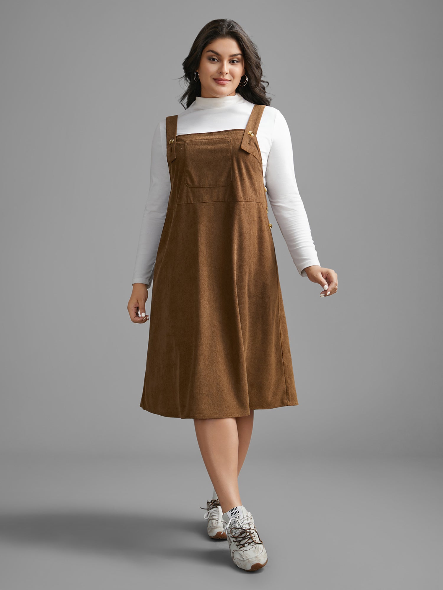 Corduroy Patched Pocket Button Detail Dress