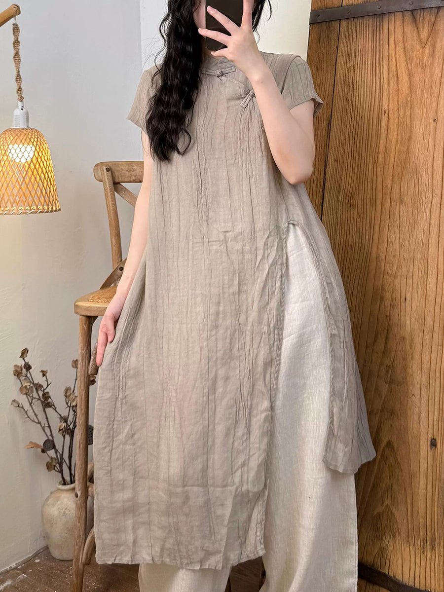 Women Summer Ethnic Pure Color High Split Ramie Robe Dress