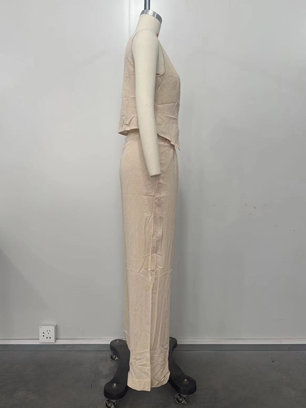 Loose Sleeveless Buttoned Solid Color V-Neck Vest Top + Split-Joint Pleated Pockets Pants Bottom Two Pieces Set