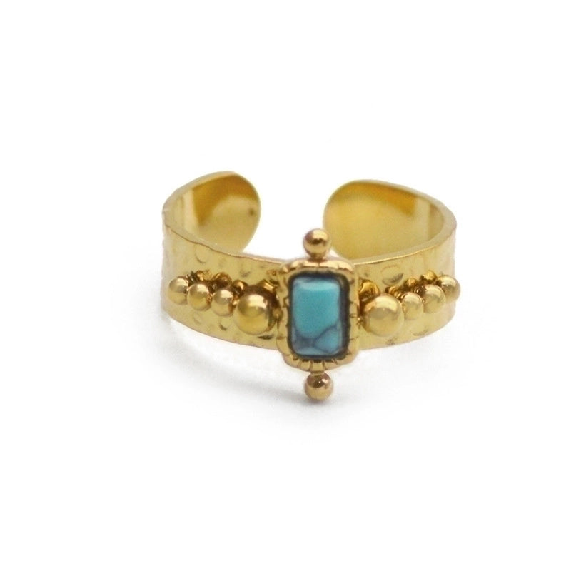 Fashion Round Square 304 Stainless Steel Artificial Gemstones 14K Gold Plated Plating Inlay Open Ring