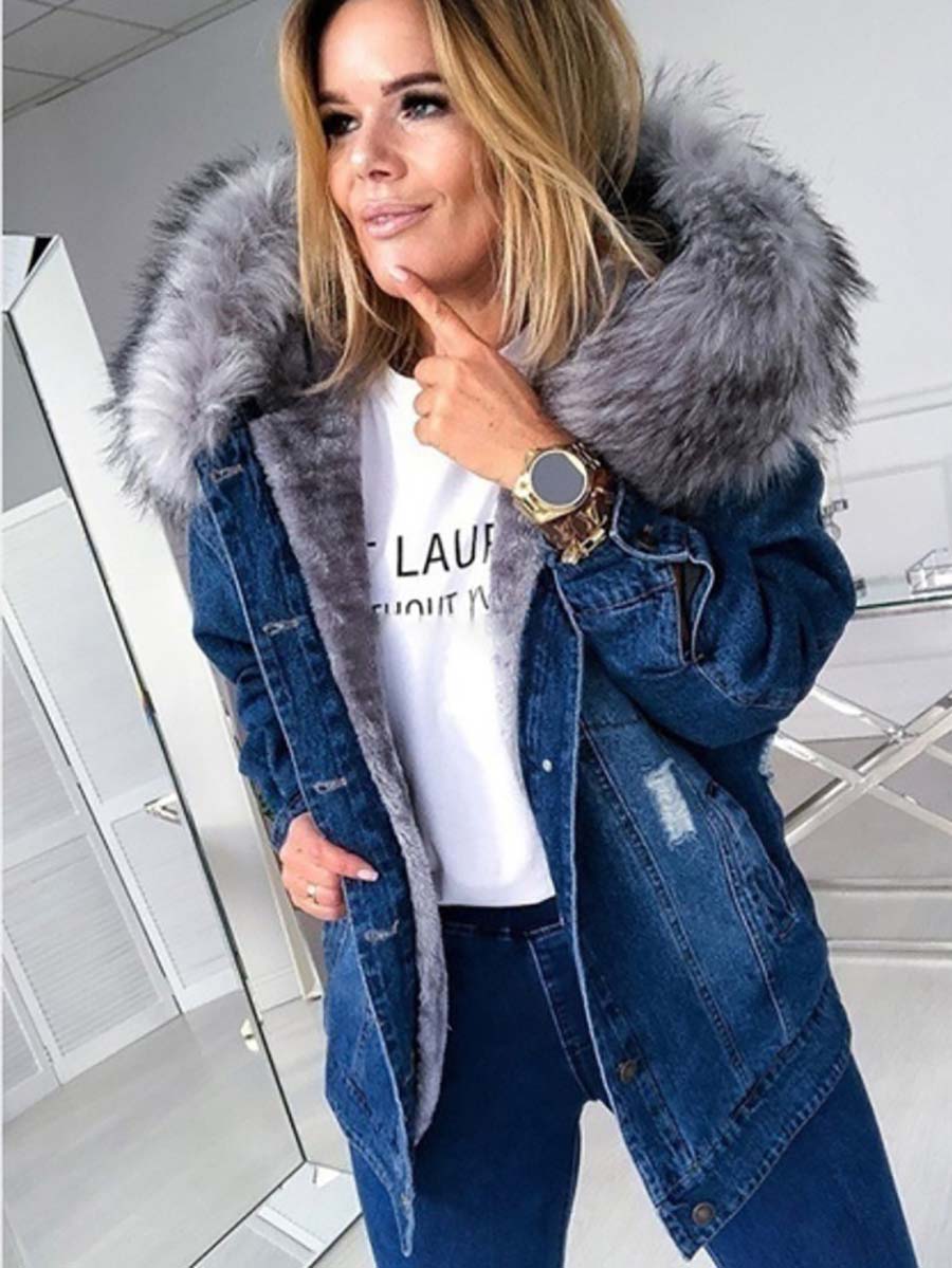 Padded Warm Hole Large Fur Collar Denim Jacket(4 colors)