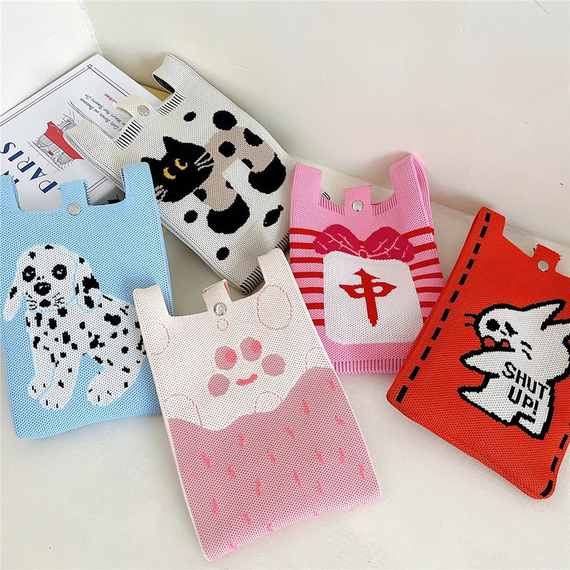 Women's Small Knit Cartoon Cute Bucket Lock Clasp Phone Wallets