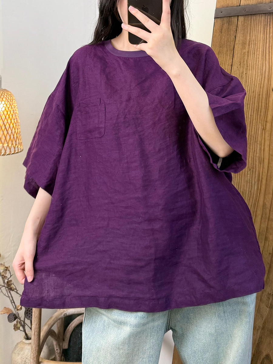 Women Summer Retro Pure Color O-Neck Linen Shirt