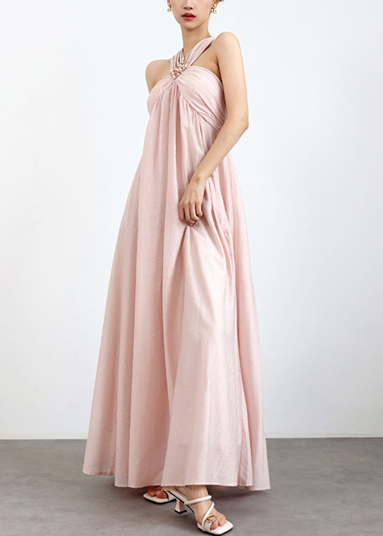 Elegant Pink Cold Shoulder Pearl Solid Cotton Maxi Dresses Sleeveless