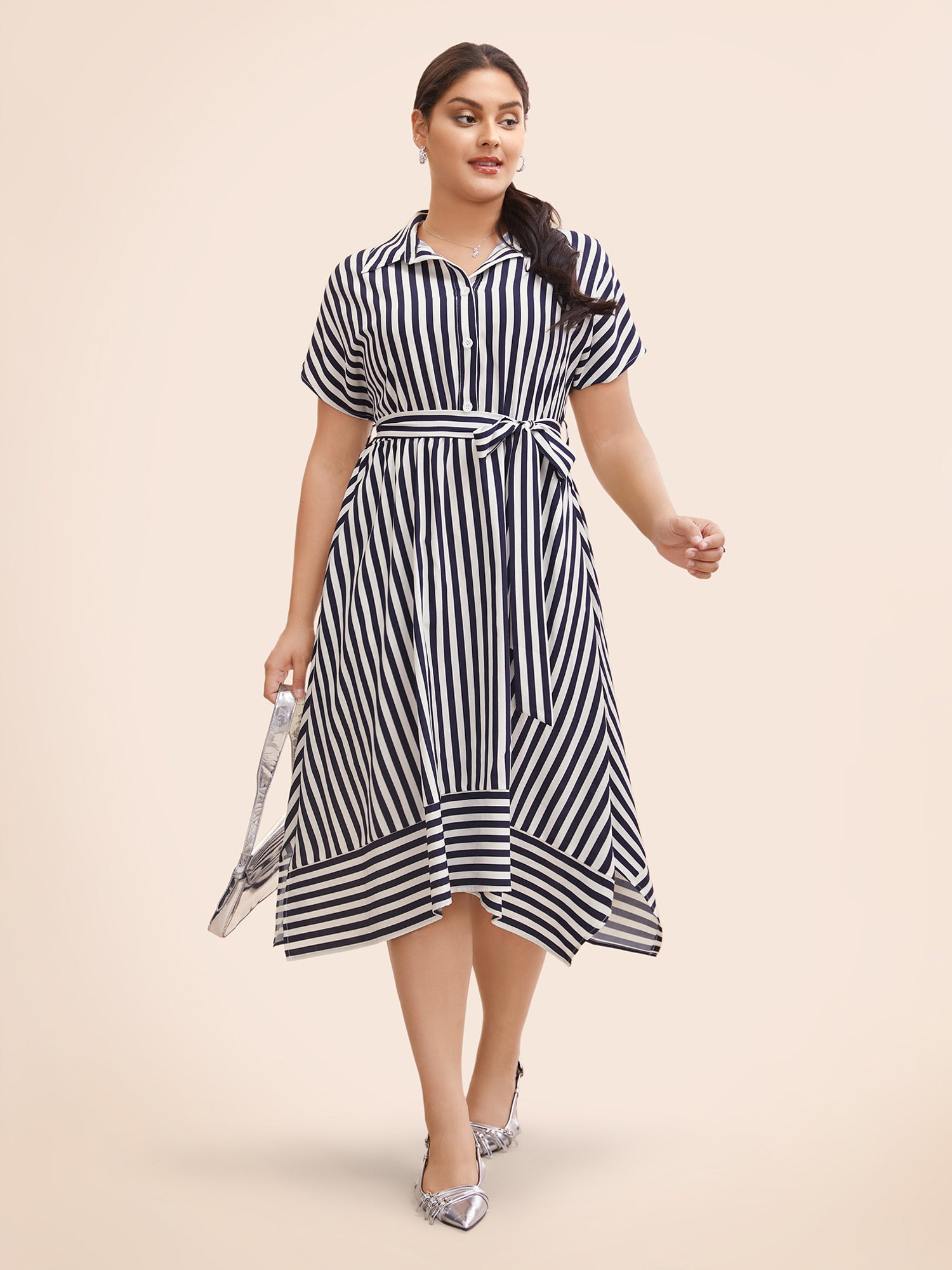 Shirt Collar Striped Hanky Hem Dress