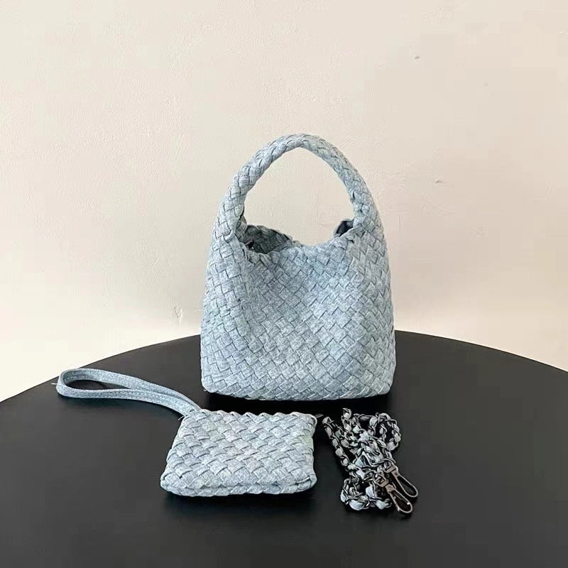 Women's Denim Solid Color Classic Style Weave Bucket Open Shoulder Bag