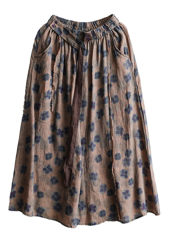 Bohemian Black flower Elastic Waist Print Linen Skirts Summer