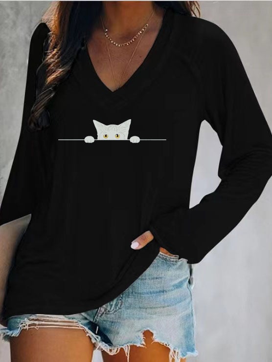 Women's Black Cat Casual V-Neck Long-Sleeve T-Shirt